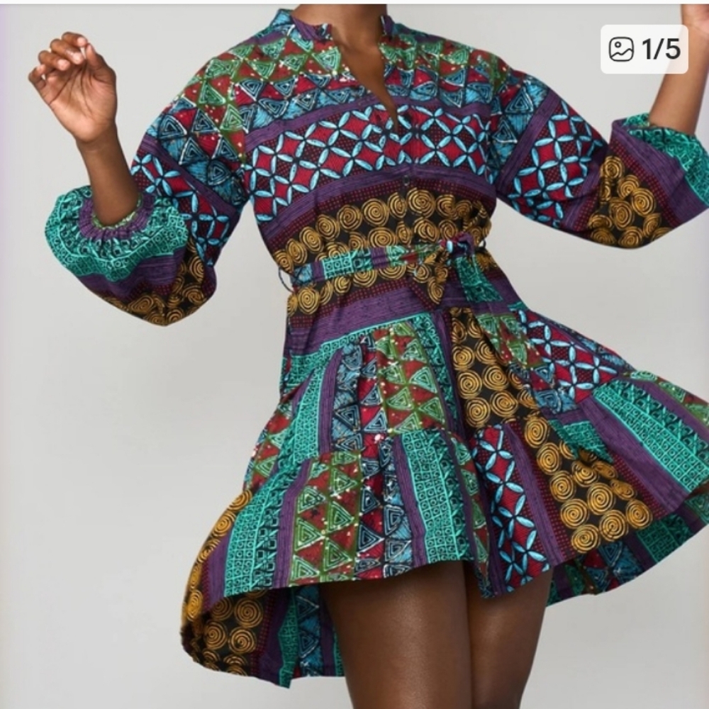 D'IYANU Mali African Fit & Flare Dress (Teal Maroon Multipattern) Size XS NWT